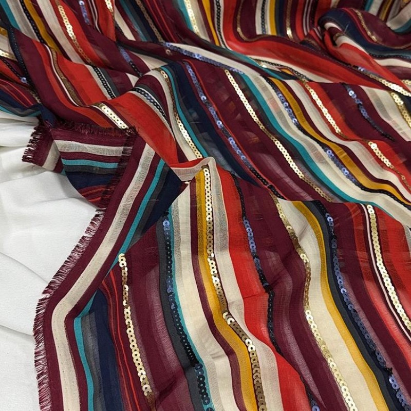 Ethnic Fashion Designer - Tecido de lantejoulas bordado listrado colorido