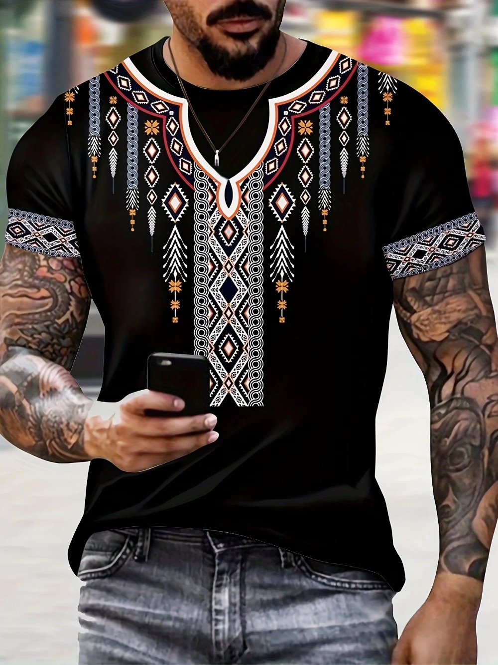 Y2K Ethnic Fashion - Camiseta Masculina Estilo Étnico com Estampa