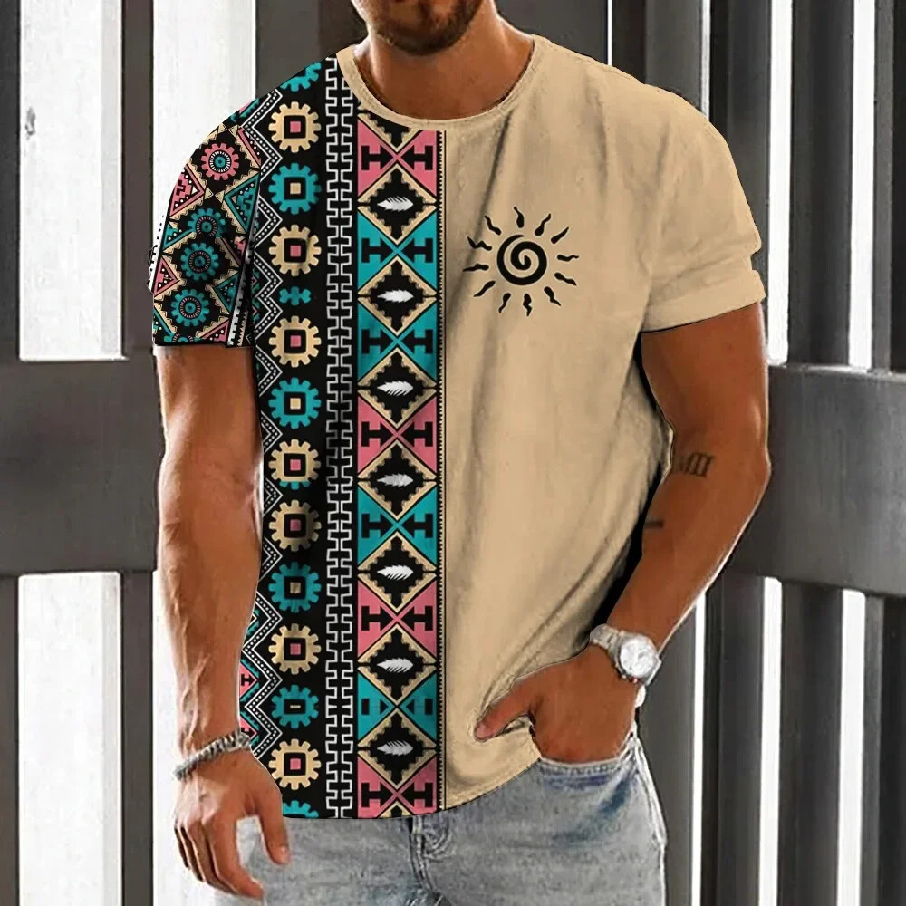 Men'S Ethnic Fashion Trends - Camiseta masculina estilo étnico vintage verão