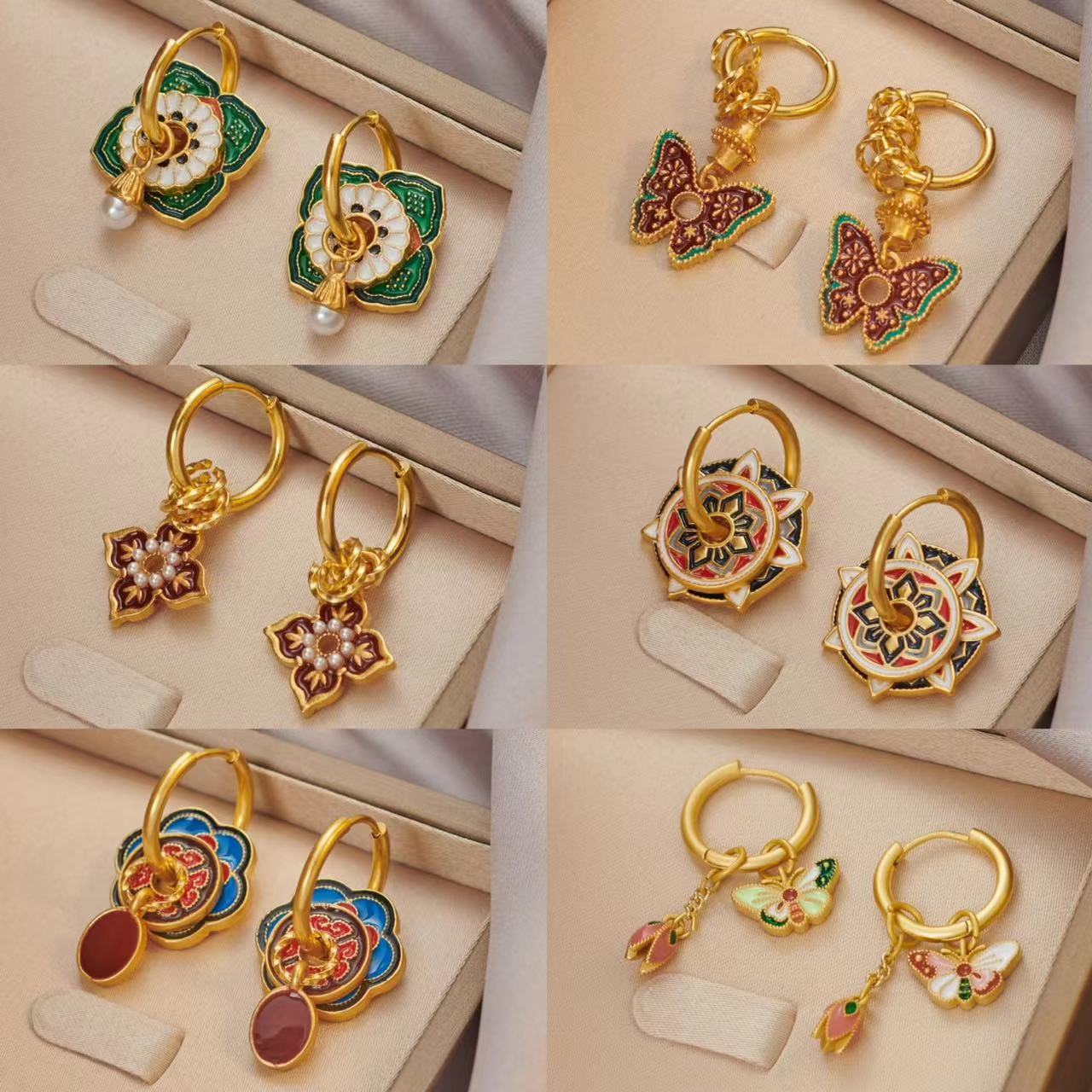 Ethnic Fashion Way - Brincos vintage chineses coloridos esmaltados para
